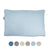 A rectangular light blue Pillowtex Dream in Color hypoallergenic down-alternative pillow with a white left-edge brand tag is centered on white. Below, six circles show available colors: dark blue, gray, cream, taupe, light blue, and white.